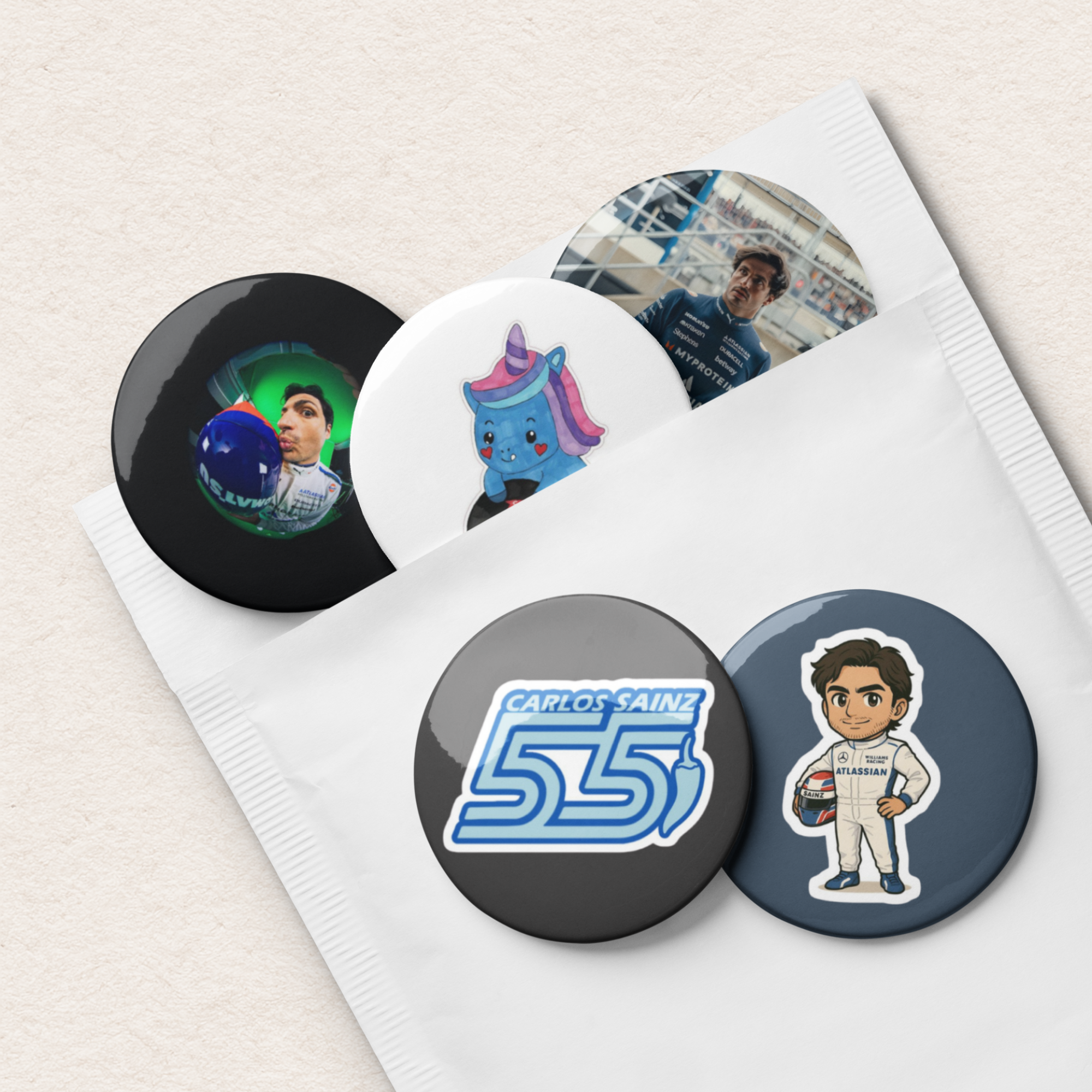 Formula 1 inspired motorsport pin button set with five racing themed designs including racing driver illustration and driver number graphic