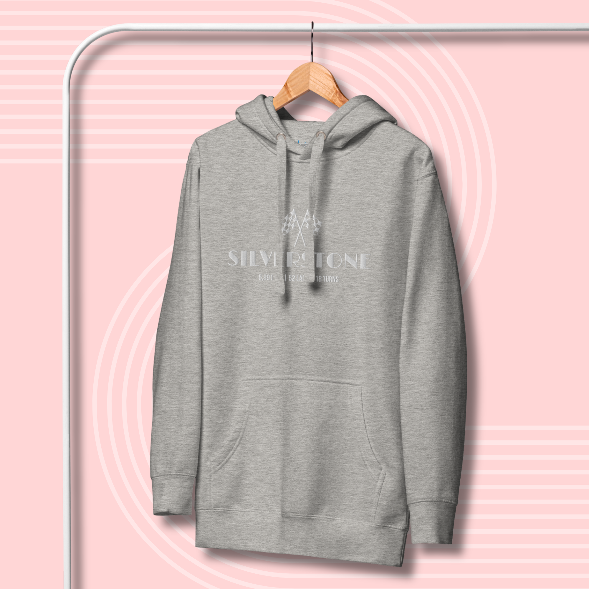 Premium embroidered Silverstone hoodie inspired by the British Grand Prix. Minimalist motorsport streetwear for racing fans and everyday wear.