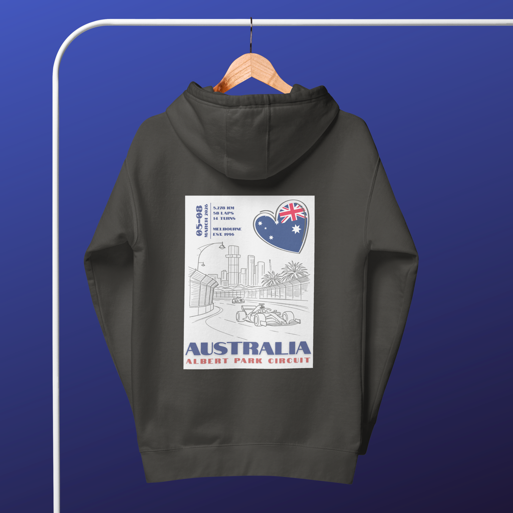 Australian Grand Prix hoodie inspired by Albert Park Circuit in Melbourne. Formula racing streetwear perfect for race weekends and motorsport fans.