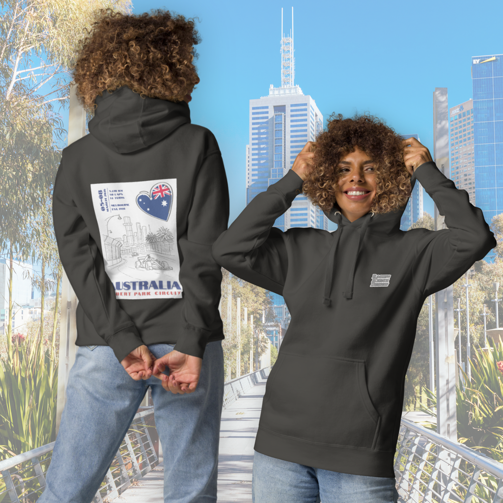Australian Grand Prix hoodie inspired by Albert Park Circuit in Melbourne. Formula racing streetwear perfect for race weekends and motorsport fans.
