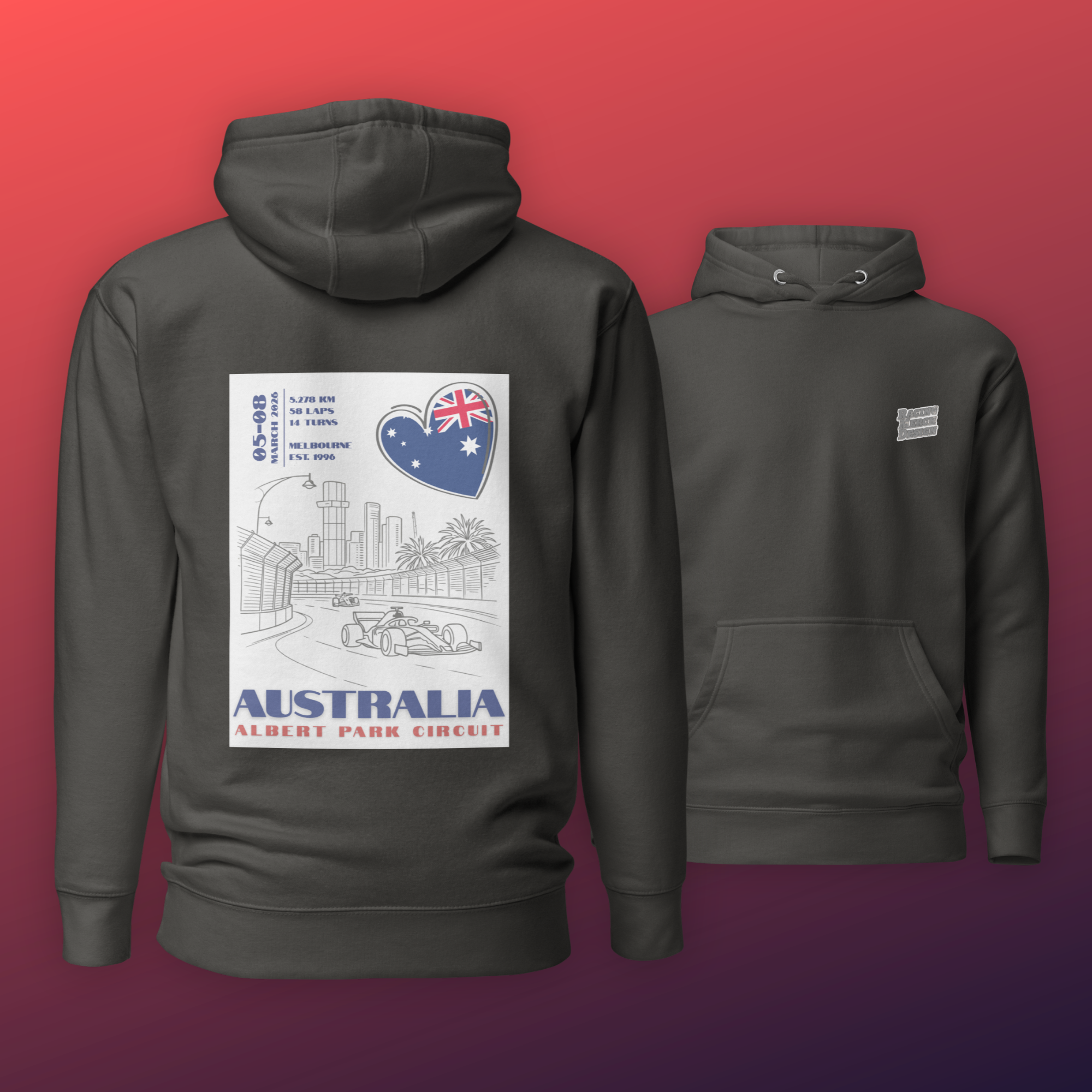 Australian Grand Prix hoodie inspired by Albert Park Circuit in Melbourne. Formula racing streetwear perfect for race weekends and motorsport fans.