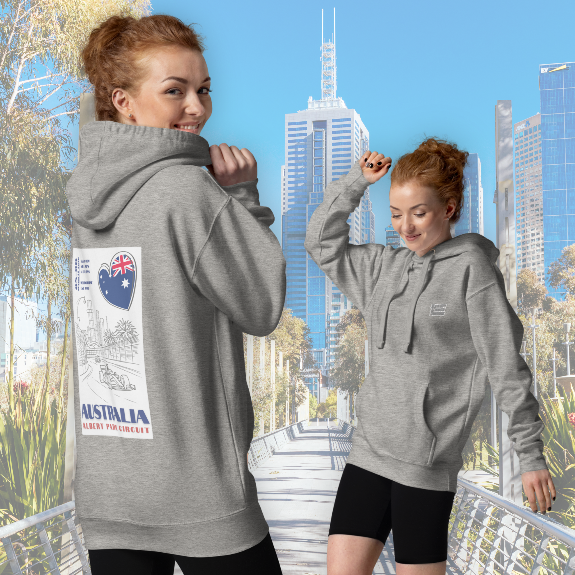 Australian Grand Prix hoodie inspired by Albert Park Circuit in Melbourne. Formula racing streetwear perfect for race weekends and motorsport fans.