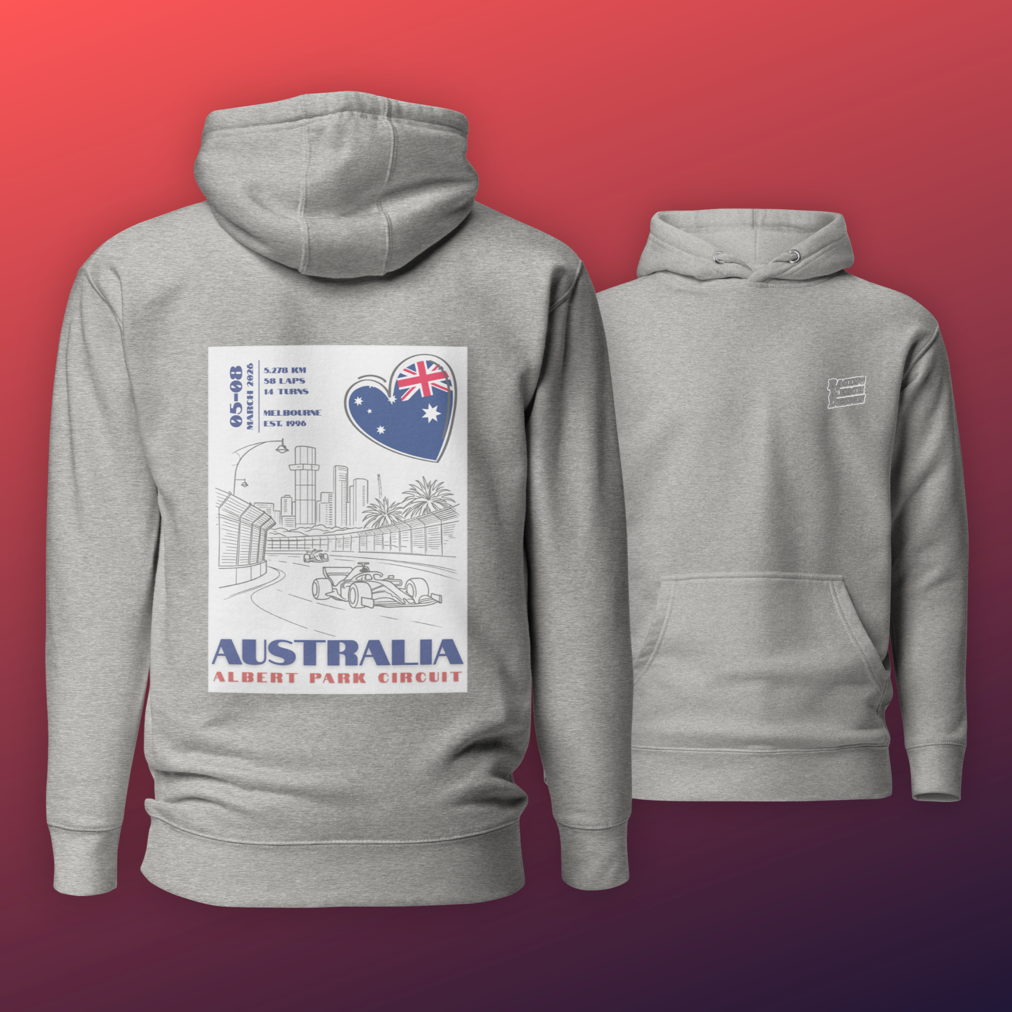 Australian Grand Prix hoodie inspired by Albert Park Circuit in Melbourne. Formula racing streetwear perfect for race weekends and motorsport fans.