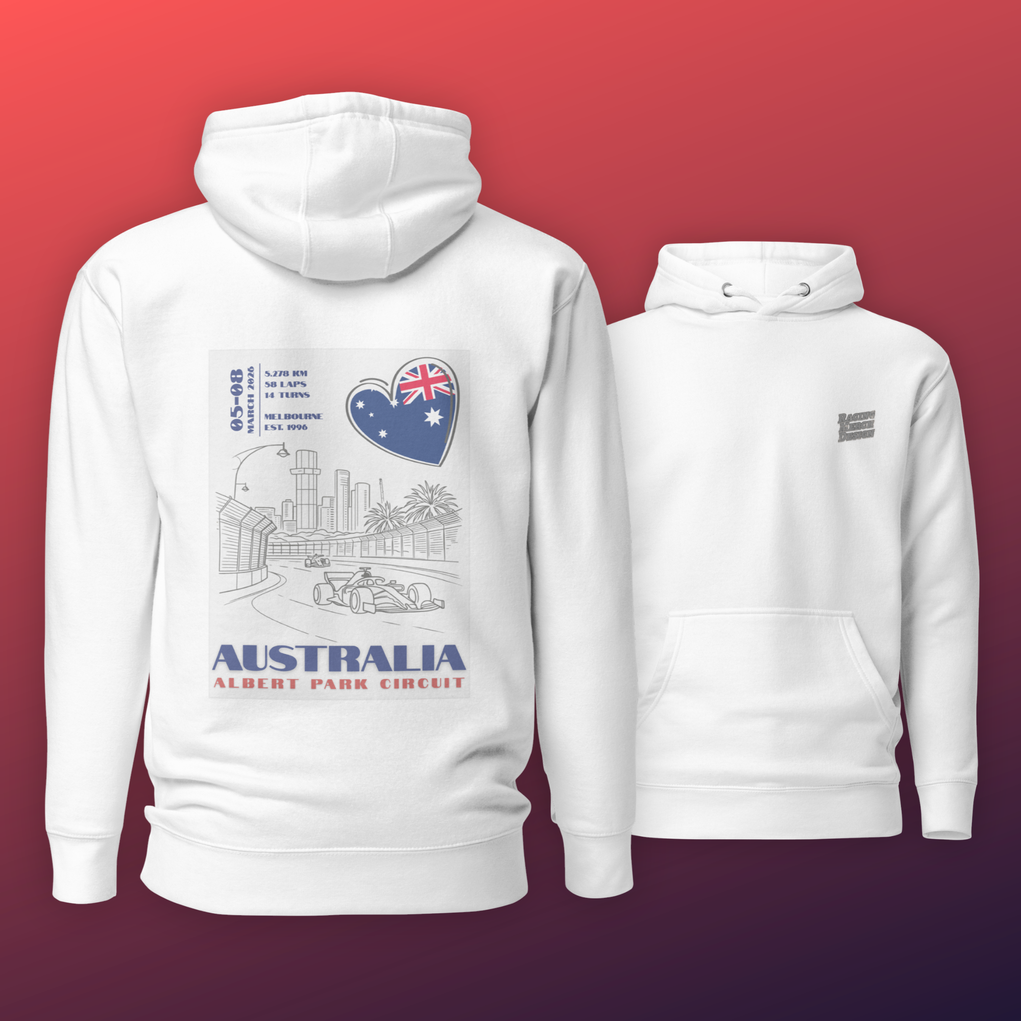 Australian Grand Prix hoodie inspired by Albert Park Circuit in Melbourne. Formula racing streetwear perfect for race weekends and motorsport fans.