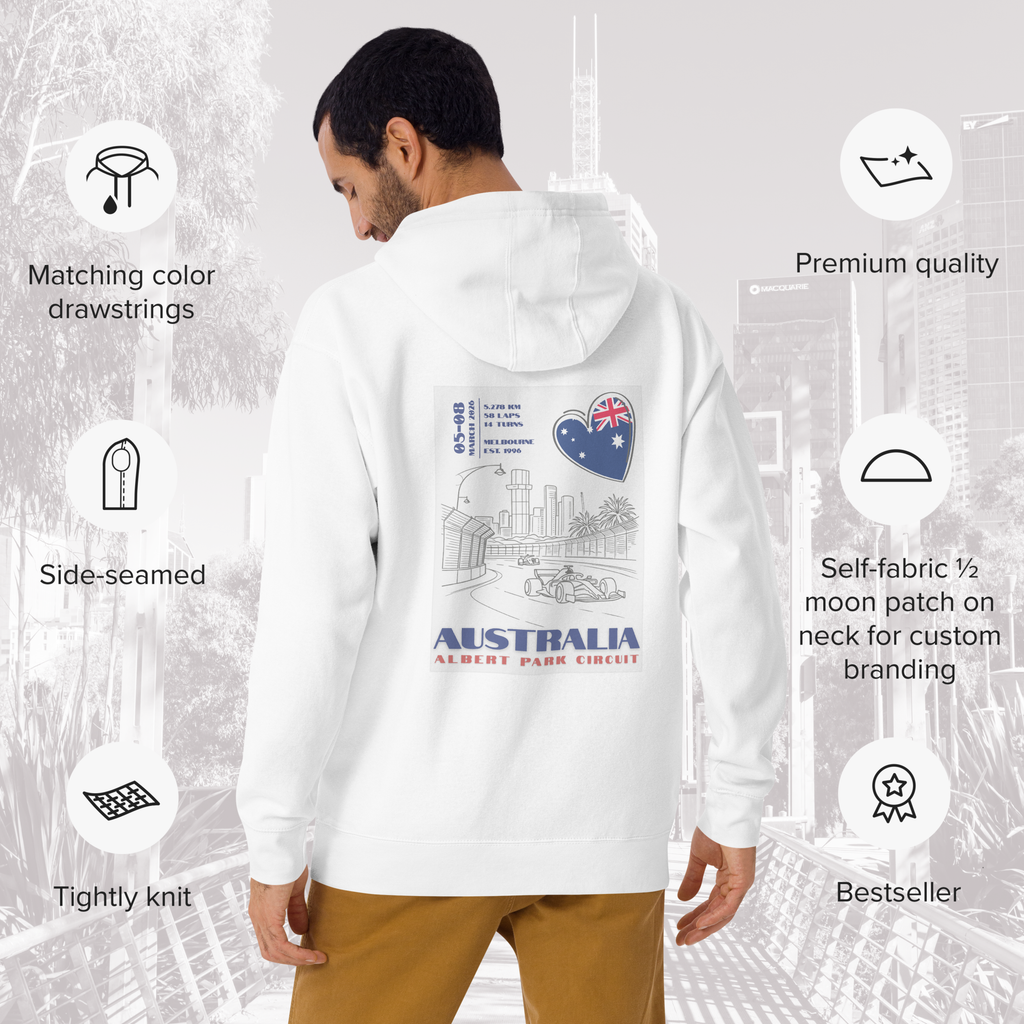 Australian Grand Prix hoodie inspired by Albert Park Circuit in Melbourne. Formula racing streetwear perfect for race weekends and motorsport fans.