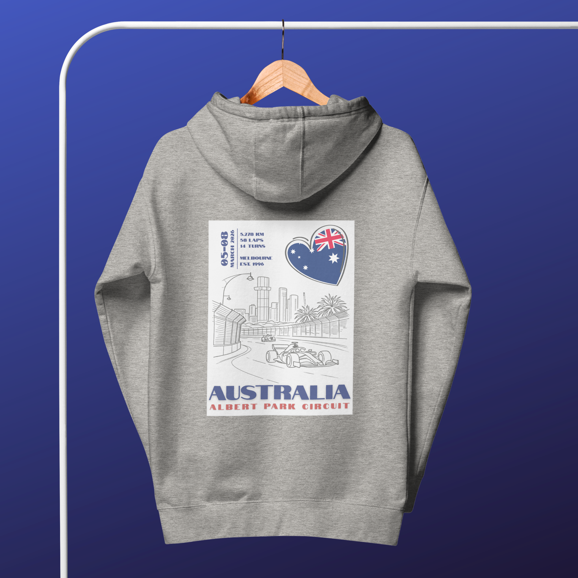 Australian Grand Prix hoodie inspired by Albert Park Circuit in Melbourne. Formula racing streetwear perfect for race weekends and motorsport fans.