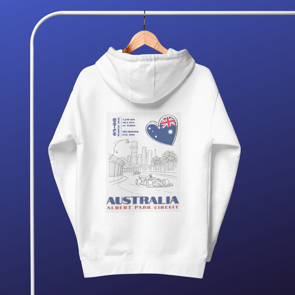 Australian Grand Prix hoodie inspired by Albert Park Circuit in Melbourne. Formula racing streetwear perfect for race weekends and motorsport fans.