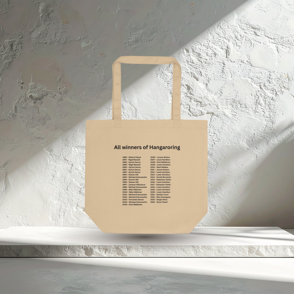 Circuit Hungaroring F1 tote bag made from organic cotton. Features the Hungarian Grand Prix circuit and historic winners. Perfect gift for Formula 1 fans.