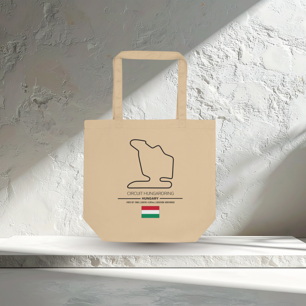 Circuit Hungaroring F1 tote bag made from organic cotton. Features the Hungarian Grand Prix circuit and historic winners. Perfect gift for Formula 1 fans.