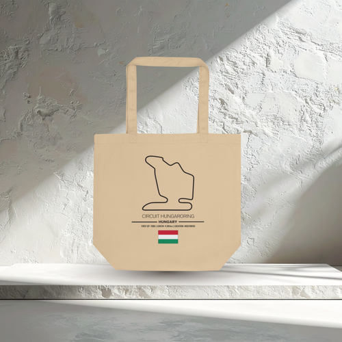 Circuit Hungaroring F1 tote bag made from organic cotton. Features the Hungarian Grand Prix circuit and historic winners. Perfect gift for Formula 1 fans.