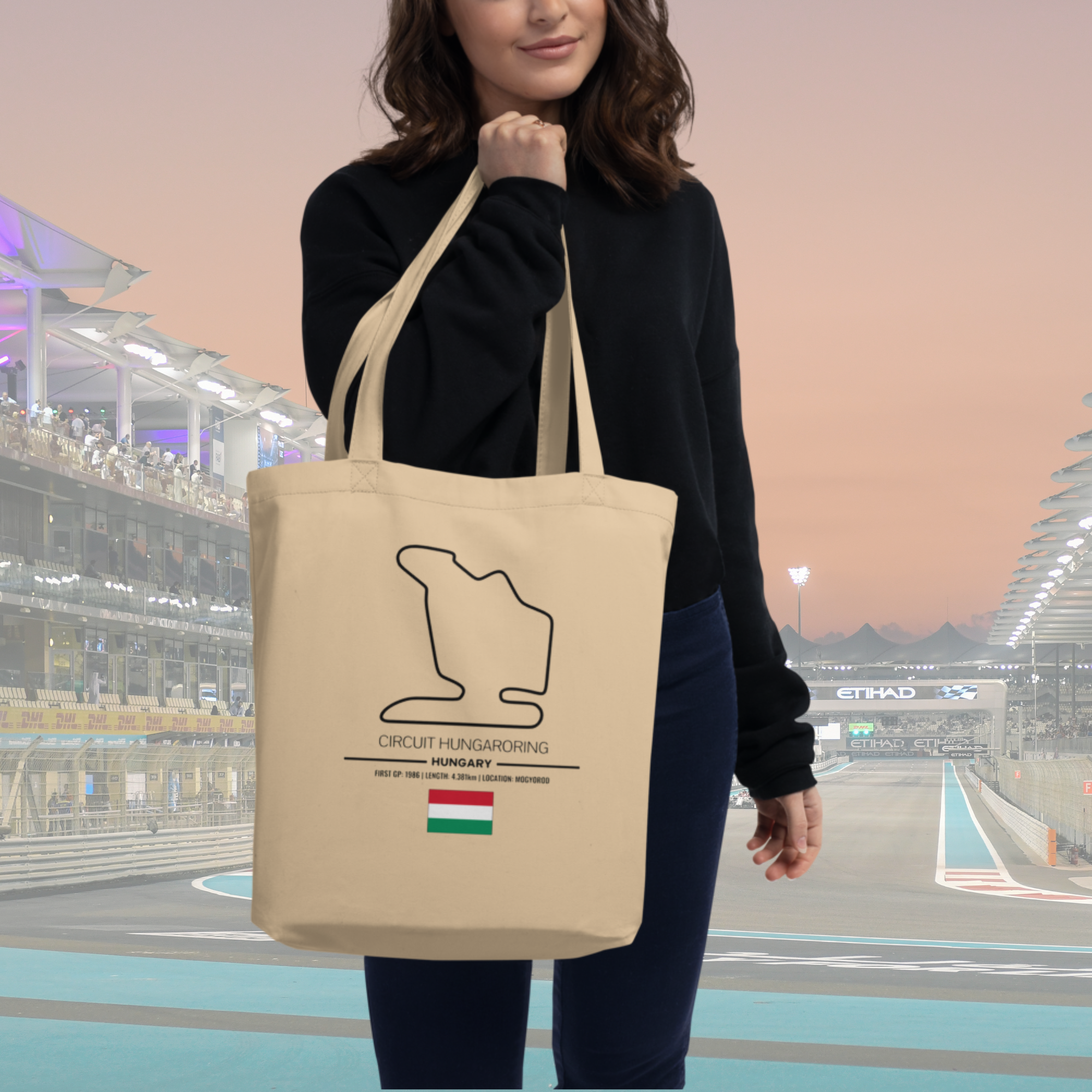 Circuit Hungaroring F1 tote bag made from organic cotton. Features the Hungarian Grand Prix circuit and historic winners. Perfect gift for Formula 1 fans.