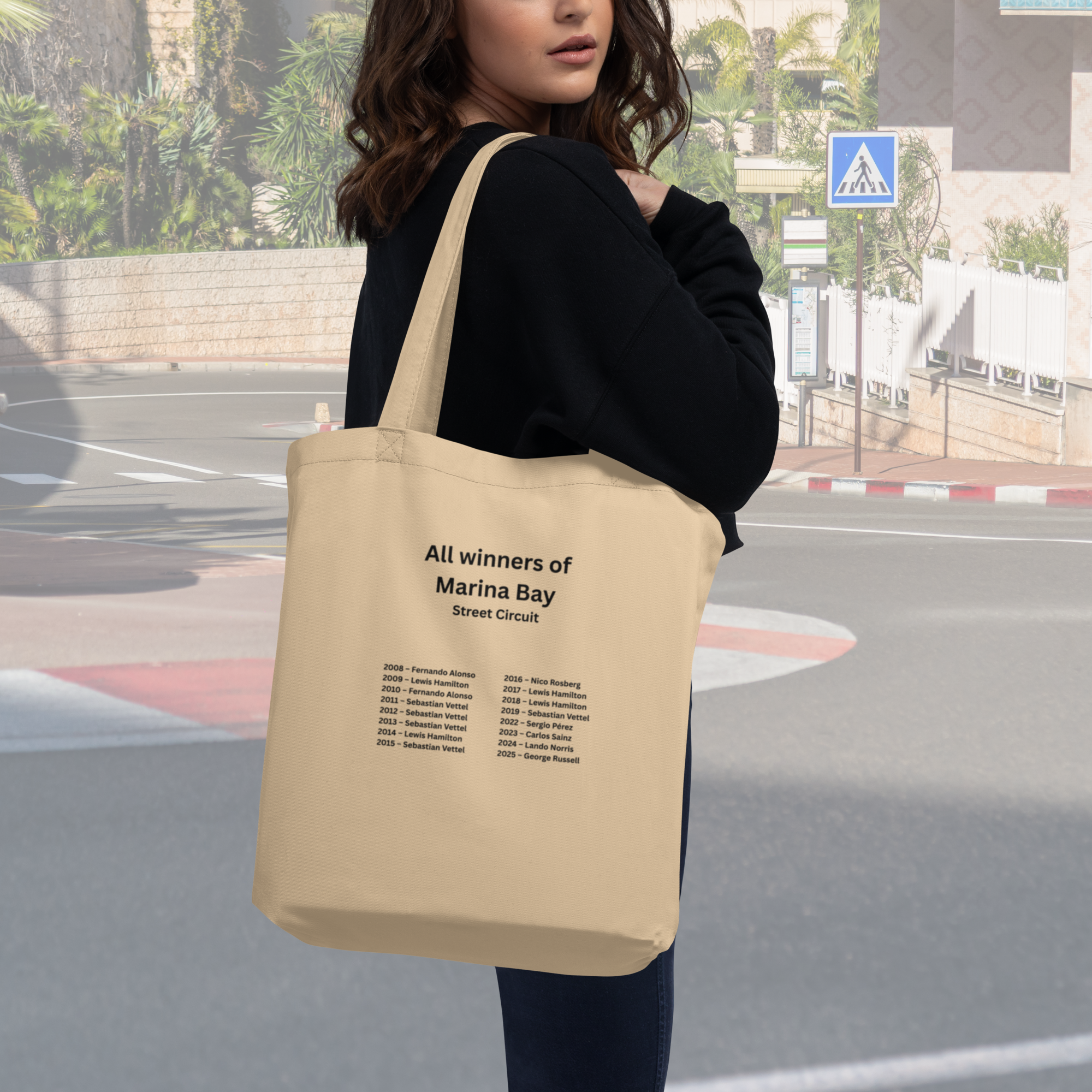 Marina Bay Street Circuit F1 tote bag made from organic cotton. Features the Singapore Grand Prix circuit and historic winners. Perfect gift for Formula 1 fans.