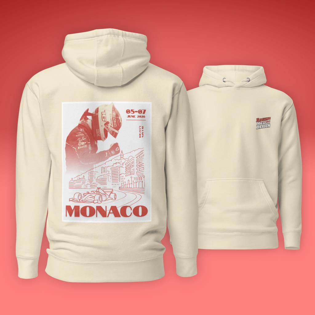 Monaco Grand Prix inspired Formula racing hoodie featuring Monte Carlo circuit artwork. Premium motorsport streetwear for race weekends and fans.