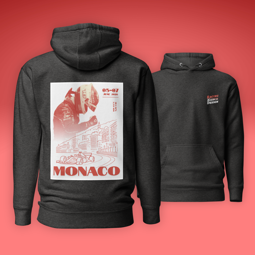 Monaco Grand Prix inspired Formula racing hoodie featuring Monte Carlo circuit artwork. Premium motorsport streetwear for race weekends and fans.