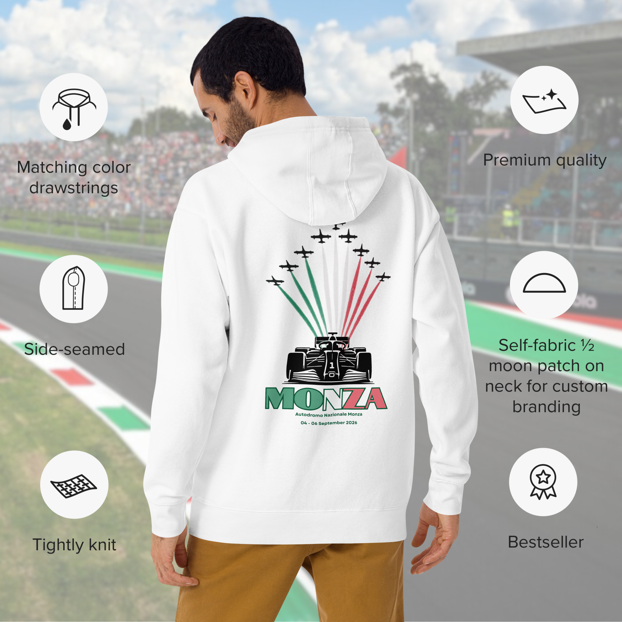 Monza 2026 Formula racing hoodie inspired by the Italian Grand Prix. Motorsport streetwear for true race fans — perfect for race weekends and everyday wear.
