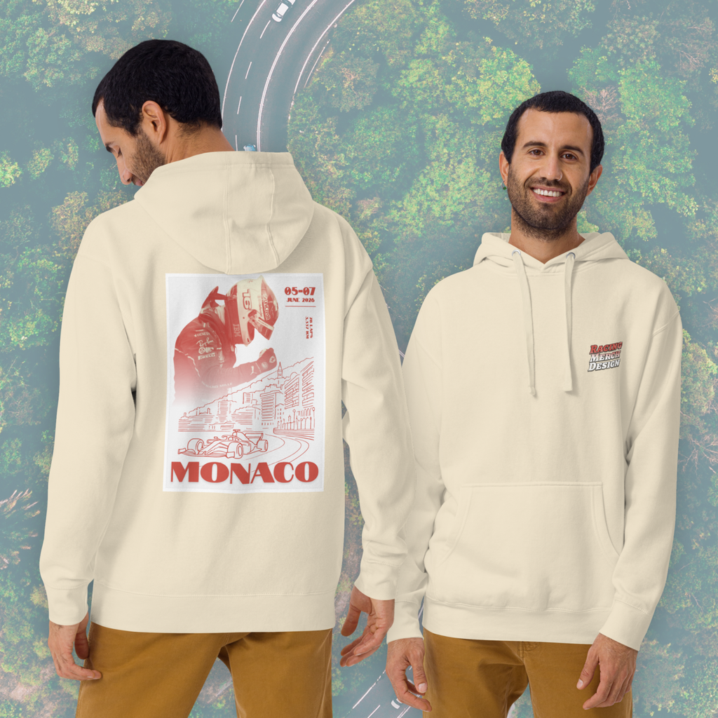 Monaco Grand Prix inspired Formula racing hoodie featuring Monte Carlo circuit artwork. Premium motorsport streetwear for race weekends and fans.