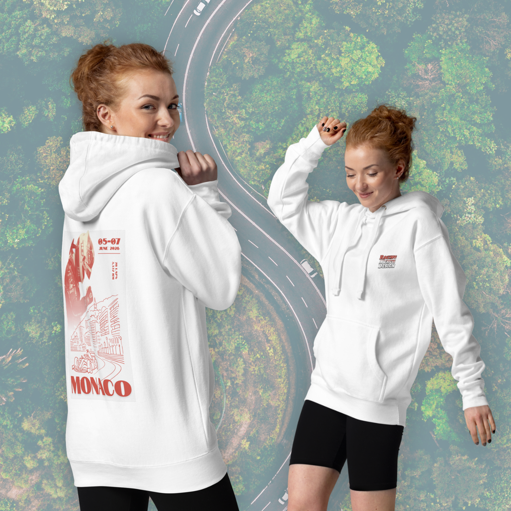 Monaco Grand Prix inspired Formula racing hoodie featuring Monte Carlo circuit artwork. Premium motorsport streetwear for race weekends and fans.
