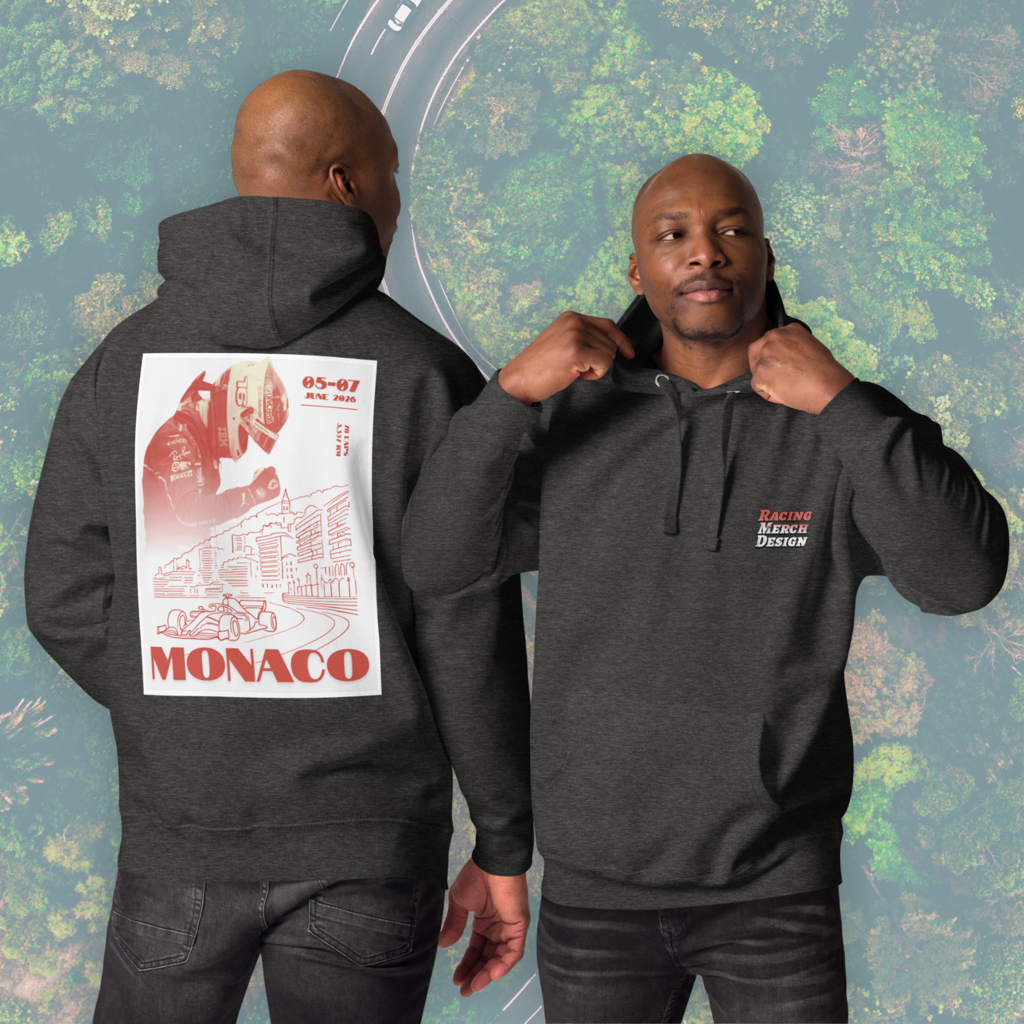 Monaco Grand Prix inspired Formula racing hoodie featuring Monte Carlo circuit artwork. Premium motorsport streetwear for race weekends and fans.