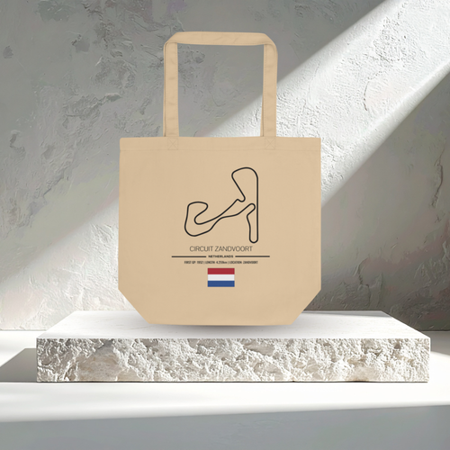 Circuit Zandvoort F1 tote bag made from organic cotton. Featuring the iconic Dutch Grand Prix circuit and historic winners. Perfect gift for Formula 1 fans.