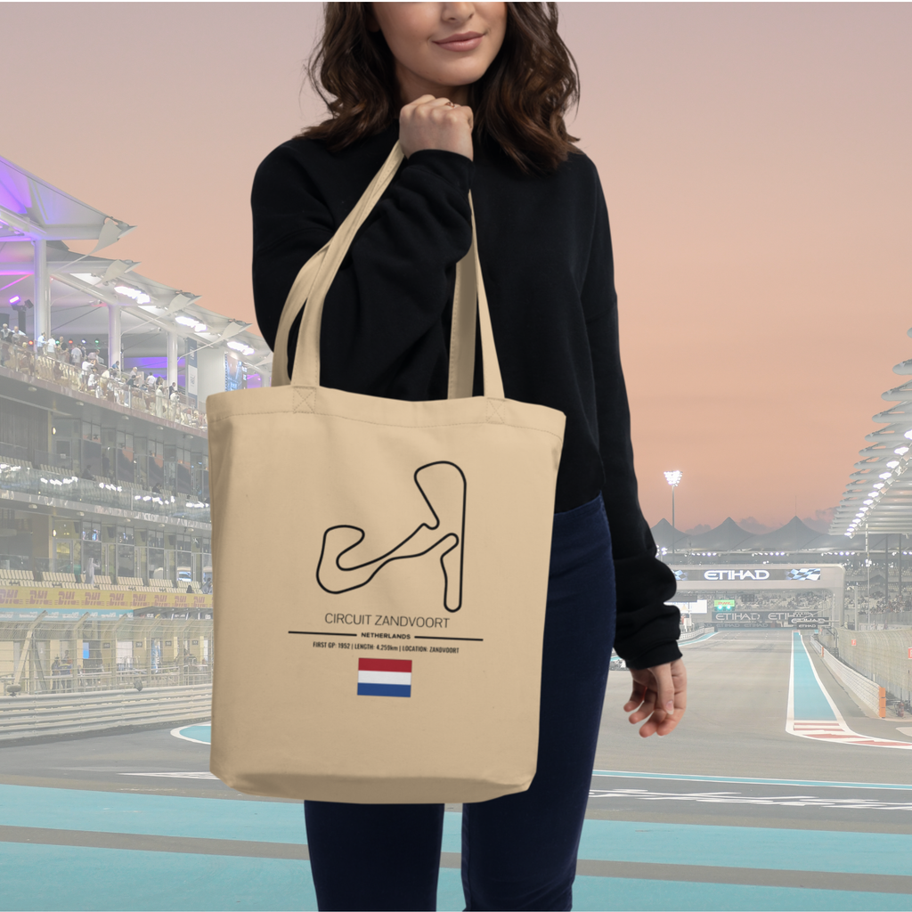 Circuit Zandvoort F1 tote bag made from organic cotton. Featuring the iconic Dutch Grand Prix circuit and historic winners. Perfect gift for Formula 1 fans.