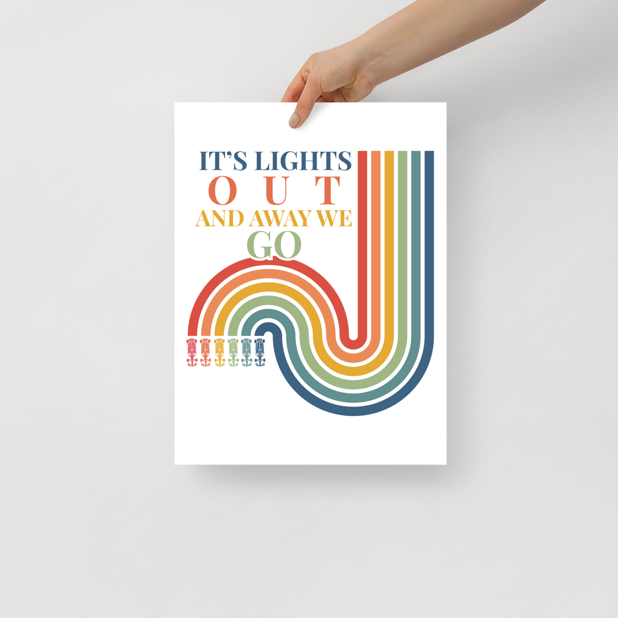 “It’s Lights Out And Away We Go” Formula racing poster. Retro motorsport wall art perfect for sim setups, offices and racing fans.