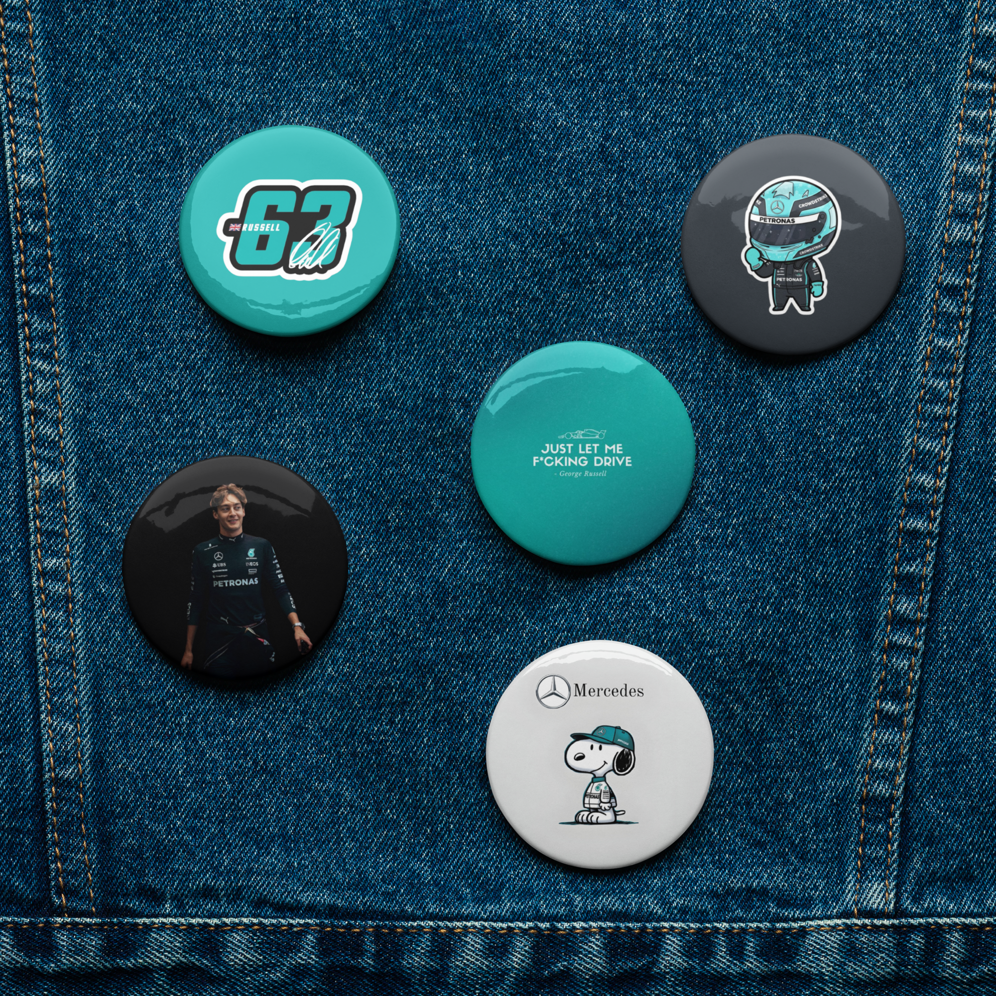 Formula 1 inspired motorsport pin button set with five racing themed designs featuring racing driver and motorsport graphics